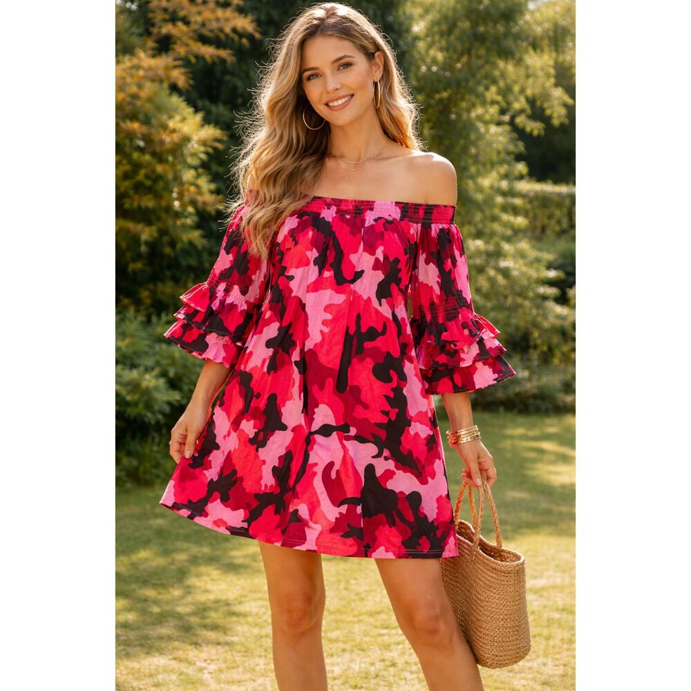 summer colorful Pink Camo Off Shoulder Ruffle Y2K cottagecore fun Dress One Size